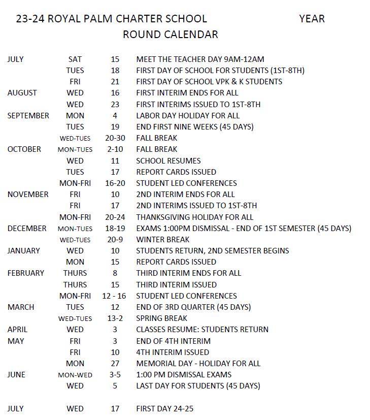 Calendar Royal Palm Charter School